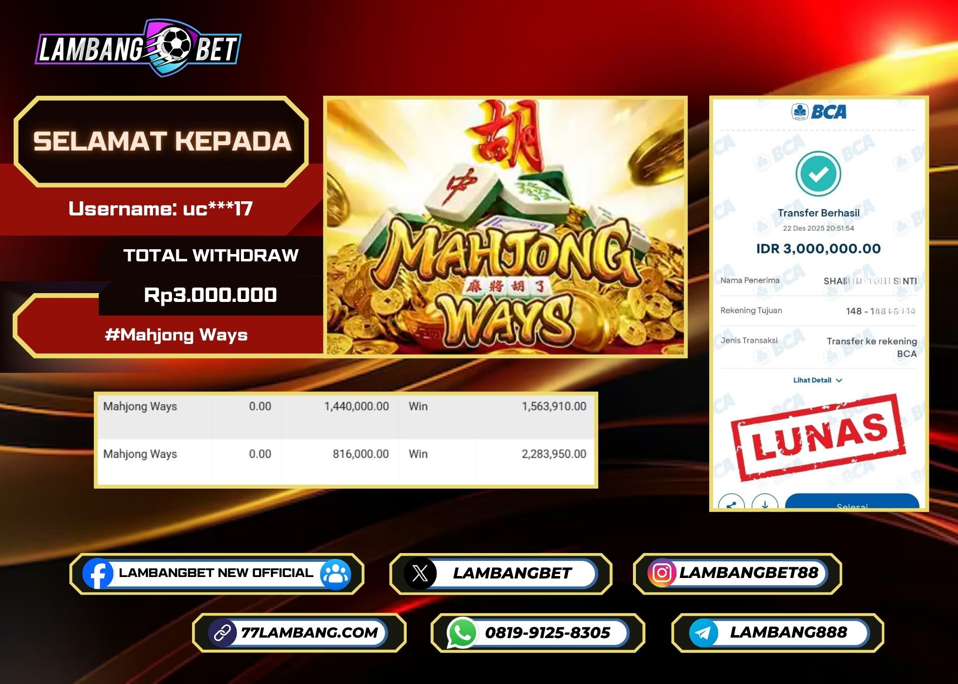LAMBANGBET [22 DESEMBER 2025] JACKPOT SLOT Mahjong Ways "Rp3.000.000" LUNAS